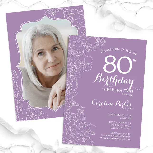 Purple Lavender Floral Photo 80th Birthday Party Invitation Zazzle 1000