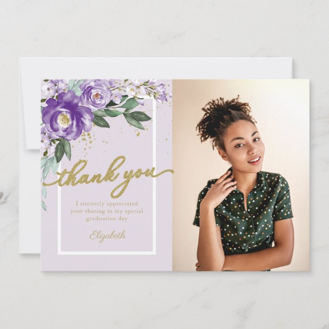 Purple Lavender Floral Photo Grad Thank You Card (Front)