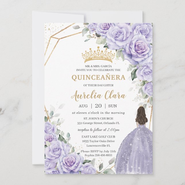 Purple Lavender Floral Princess Gold Quinceañera Invitation (Front)