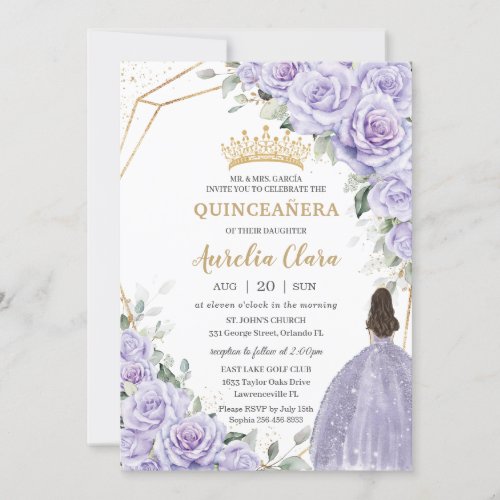 Purple Lavender Floral Princess Gold Quinceaera Invitation