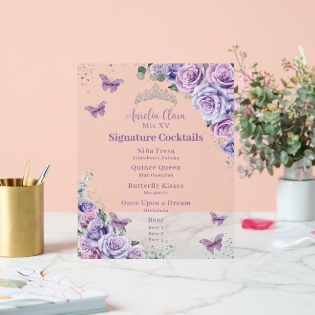 Purple Lavender Floral Quinceanera Bar Drink Menu Acrylic Sign (Wedding)