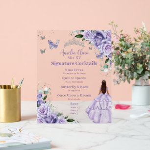 Purple Lavender Floral Quinceanera Cocktails Menu Acrylic Sign