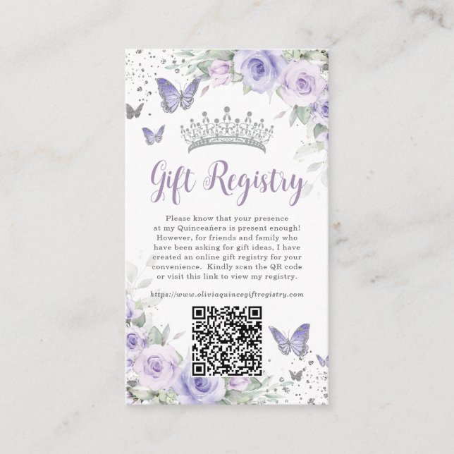 Purple Lavender Floral Quinceanera Gift Registry Enclosure Card (Front)