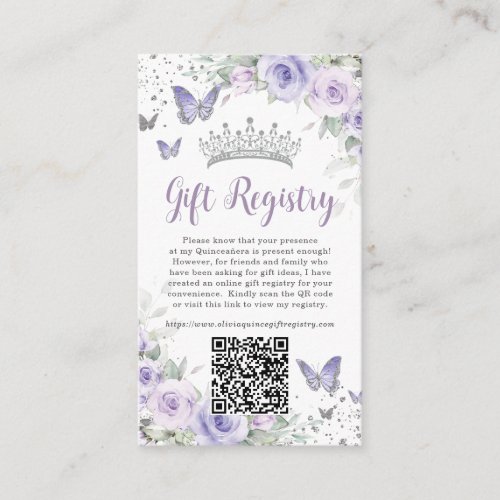 Purple Lavender Floral Quinceanera Gift Registry Enclosure Card