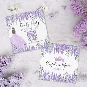 Purple Lavender Floral Quinceanera QR Code RSVP Enclosure Card