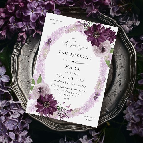 Purple  Lavender Floral Ring Wedding V2 Invitation