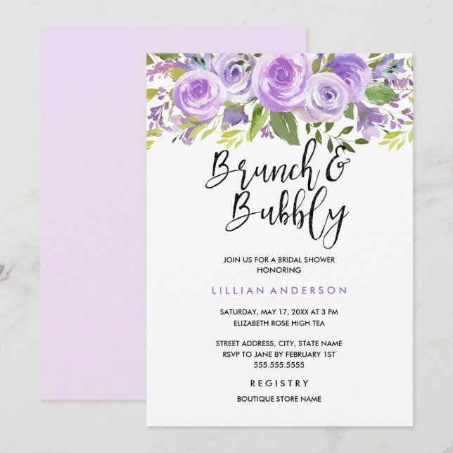 Purple Lavender Floral Rose Brunch And Bubbly Invitation (Front/Back)