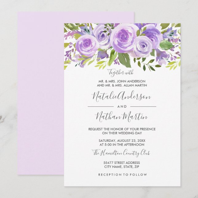Purple Lavender Floral Rose Wedding Invitation (Front/Back)