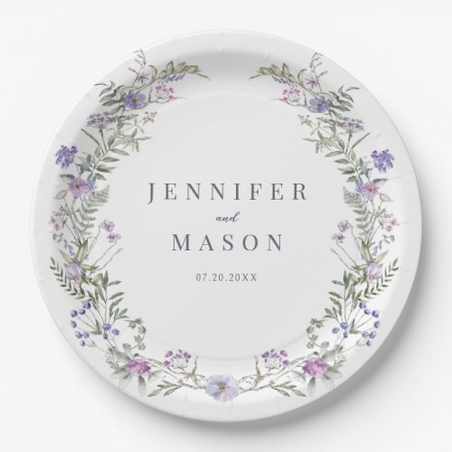 Purple lavender floral rustic wedding paper plates