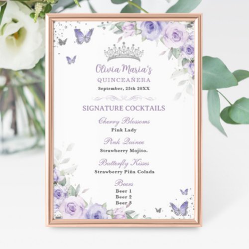 Purple Lavender Floral Silver Quinceañera Bar Menu