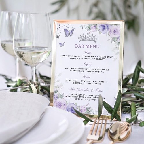 Purple Lavender Floral Silver Quinceañera Bar Menu