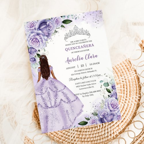Purple Lavender Floral Silver Quinceaera Sweet 16 Invitation
