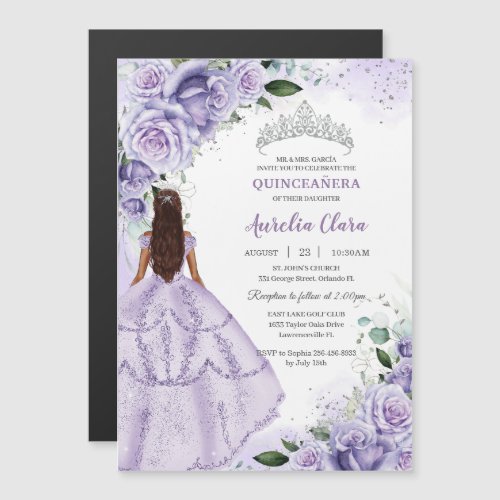 Purple Lavender Floral Silver Quinceaera Sweet 16 Magnetic Invitation