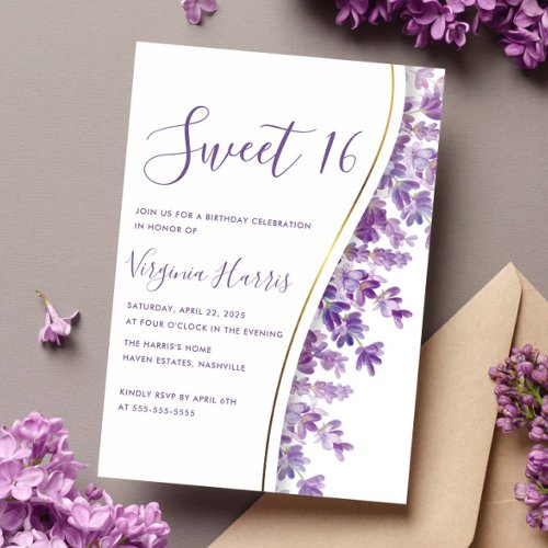 Purple Lavender Floral Sweet Sixteen 16 Birthday Invitation