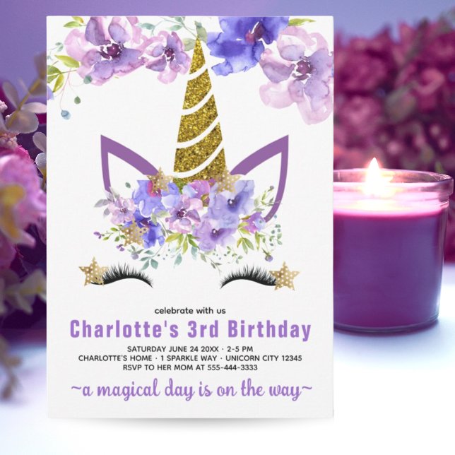 Purple Lavender Floral Unicorn Birthday Barty  Invitation (Purple Lavender Floral Unicorn Birthday Barty Invitation)