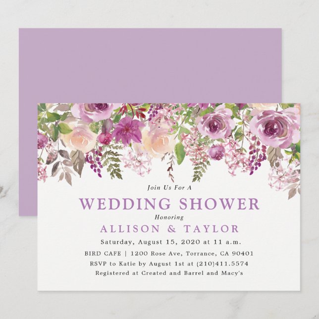 Purple Lavender Floral Violet Wedding Shower Invitation (Front/Back)