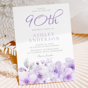 Purple Lavender Floral Watercolor 90th Birthday Invitation