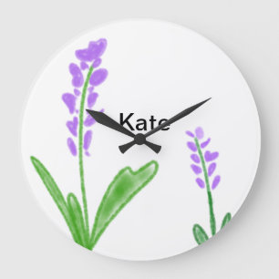 Purple lavender floral watercolor add name text cu large clock