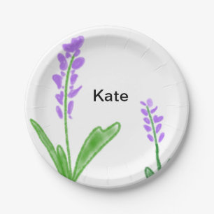 Purple lavender floral watercolor add name text cu paper plates