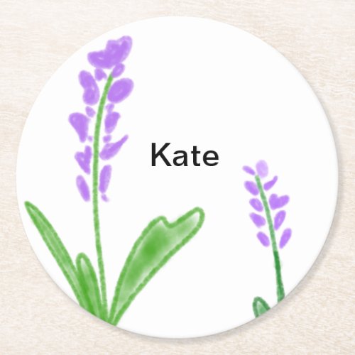 Purple lavender floral watercolor add name text cu round paper coaster