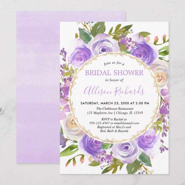 Purple lavender floral watercolor bridal shower invitation (Front/Back)