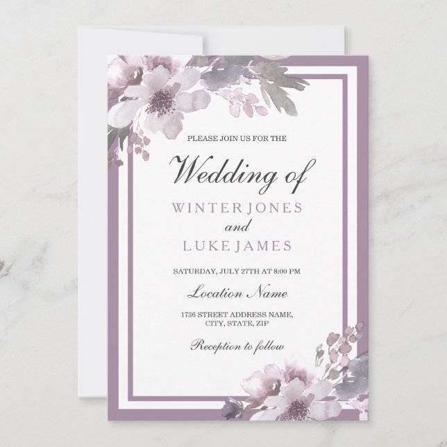 Purple Lavender Floral Watercolor Elegant Wedding Invitation (Front)