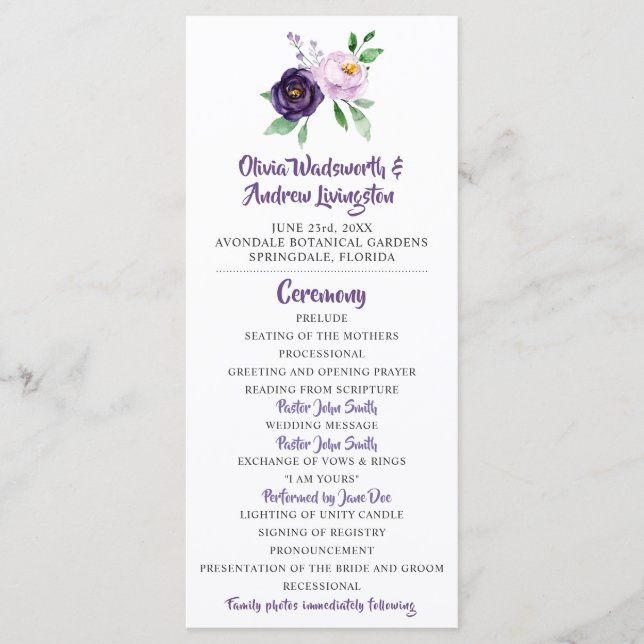 Purple & Lavender Floral Wedding Program (Front)