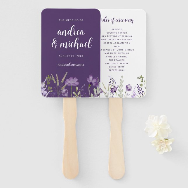 Purple Lavender Floral Wedding Program Fans (Front and Back)