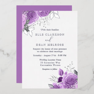 Purple Lavender Floral Wedding Real Silver Foil Invitation