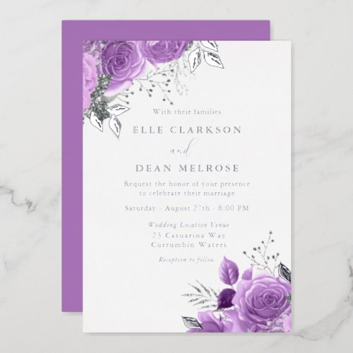 Purple Lavender Floral Wedding Real Silver Foil Invitation