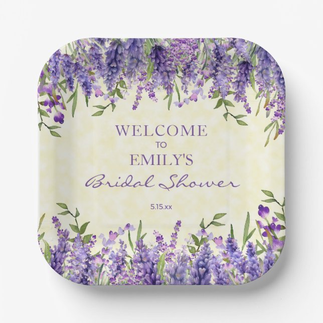 Purple Lavender Floral Yellow Bridal Shower Paper Plates (Front)