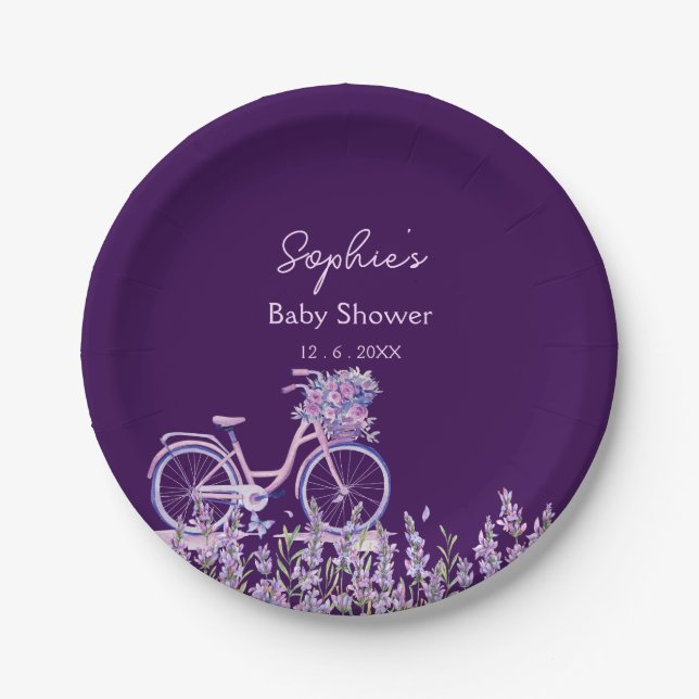 Purple Lavender Flower Bicycle Baby Shower Plate (Front)