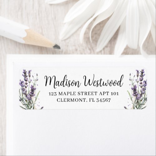 Purple Lavender Flowers Calligraphy Return Address Label