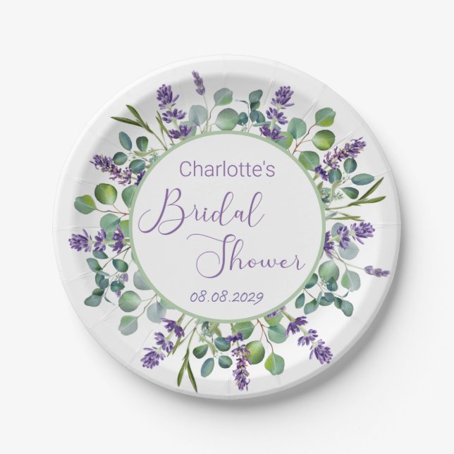 Purple Lavender Flowers Eucalyptus Foliage Paper P Plates (Front)