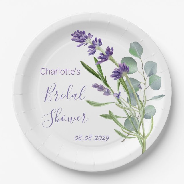 Purple Lavender Flowers Eucalyptus Foliage Paper Plates (Front)