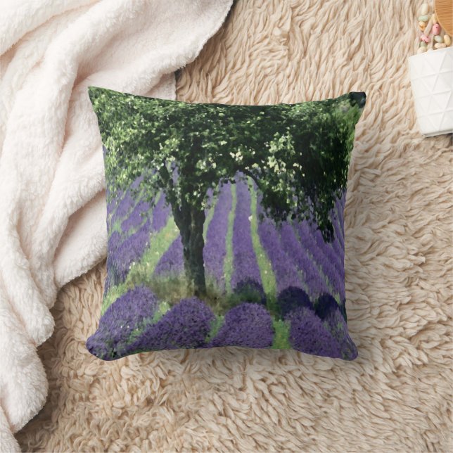 Purple Lavender Flowers Olive Trees Art Painting Throw Pillow (Blanket)