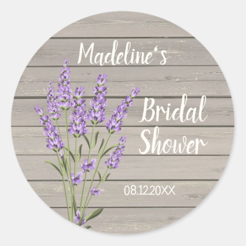 Purple lavender flowers on wood Bridal Shower  Cla Classic Round Sticker