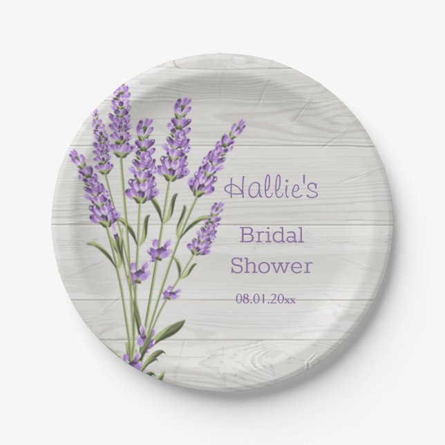 Purple lavender flowers on wood Bridal Shower Paper Plates (Front)