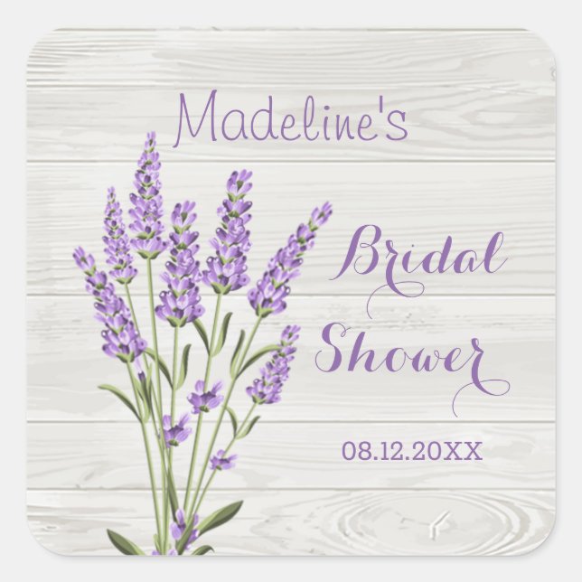 Purple lavender flowers on wood Bridal Shower   Square Sticker (Front)