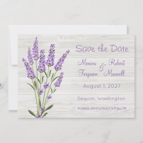 Purple Lavender Flowers on Wood Save the Date Card