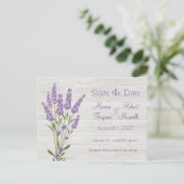 Purple lavender flowers on wood Save the Date Postcard (Standing Front)