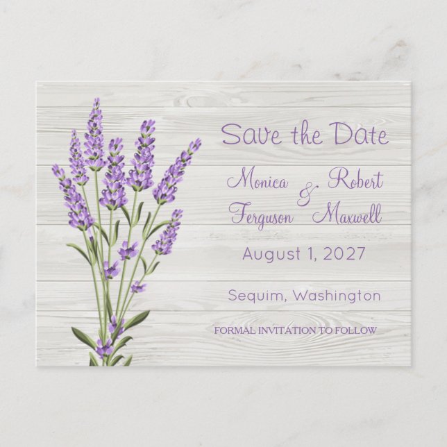Purple lavender flowers on wood Save the Date Postcard (Front)