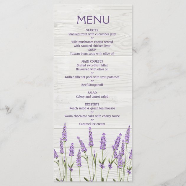Purple Lavender Flowers On Wood Wedding Menu