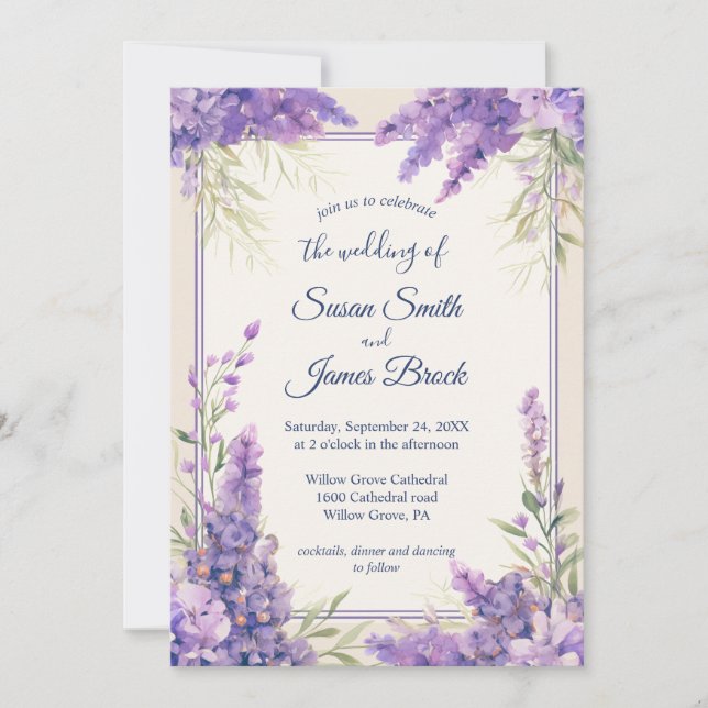 Purple Lavender flowers wrapped in a frame cream Invitation (Front)