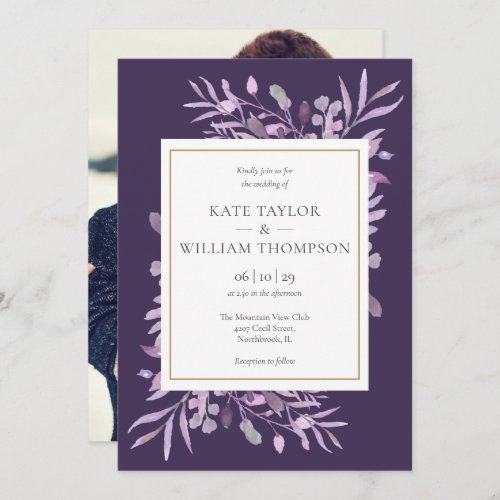 Purple Lavender Foliage Elegant Gold Photo Wedding Invitation
