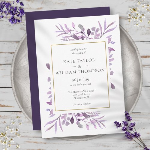 Purple Lavender Foliage Elegant Gold Wedding Invitation