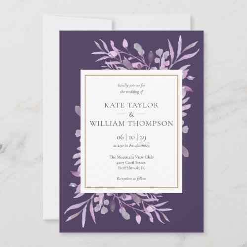 Purple Lavender Foliage Gold Geometric Wedding Invitation