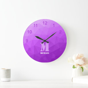 Purple lavender Geometry Mesh Pattern Monogram Large Clock