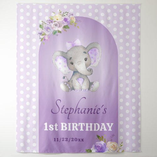 Purple Lavender Girl Elephant First 1st Birthday Tapestry