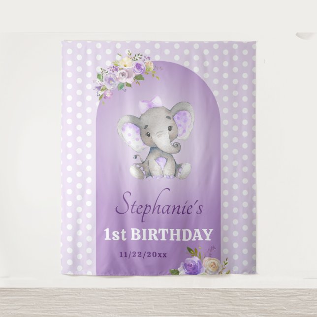 Purple Lavender Girl Elephant First 1st Birthday Tapestry (Front)